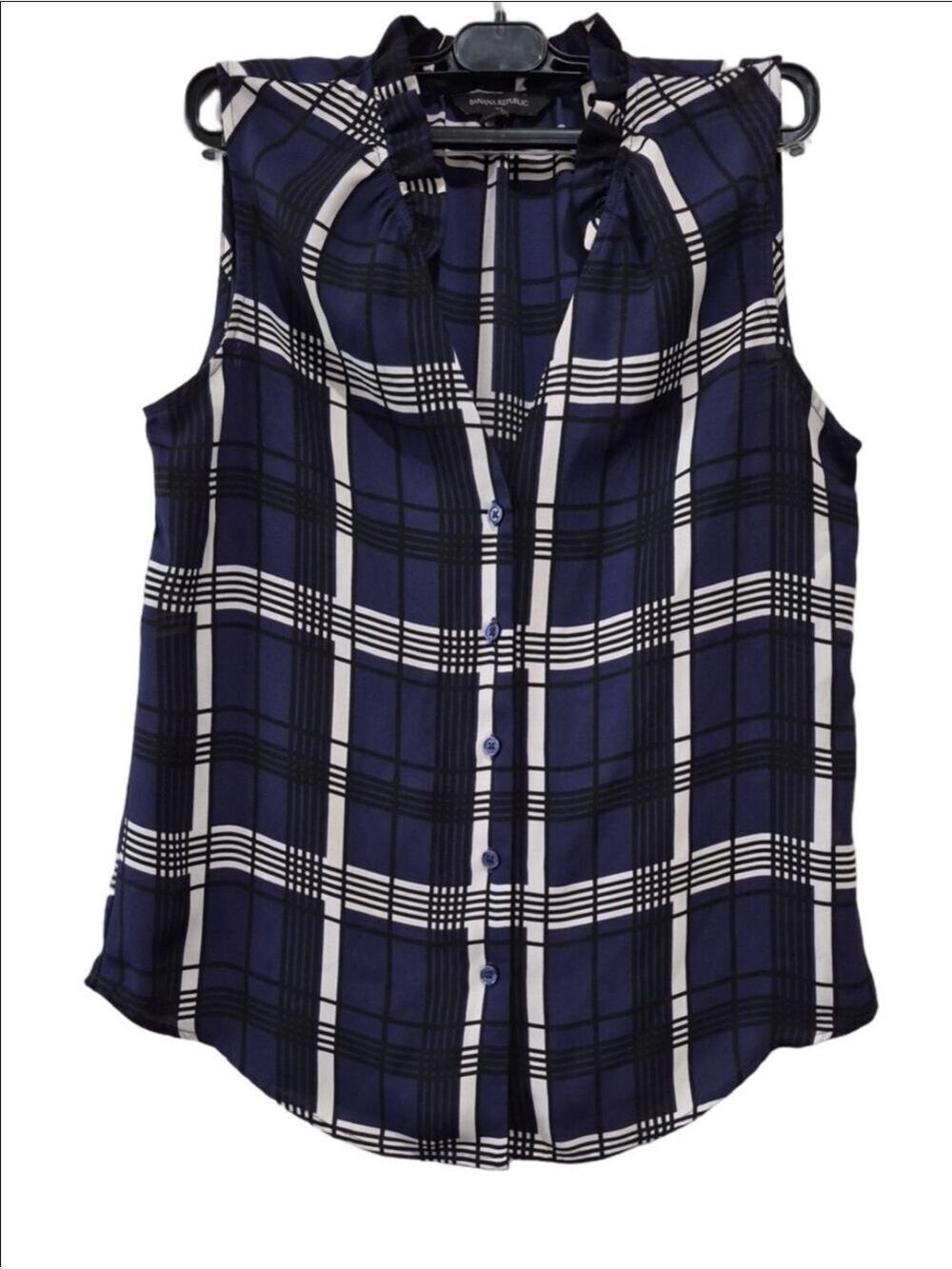 Banana Republic Chiffon Plaid Tank Top Sleeveless Button Down Ruffle Neck